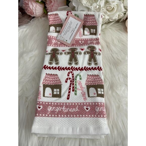 Cupcakes & Cashmere Pastel Pink Gingerbread Candy Cane Kitchen Towels Christmas - Picture 1 of 3